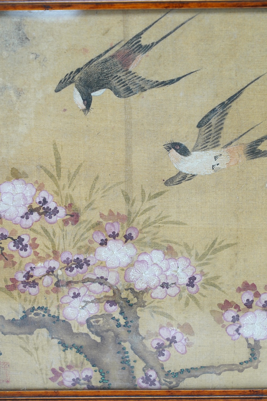 Two Chinese framed paintings on silk, largest 25.5 x 24cm. Condition - fair